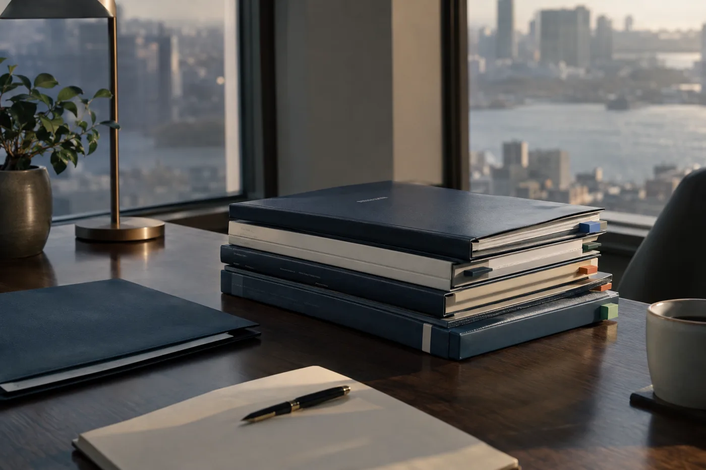 Bound strategy reports stacked on a walnut desk by a window