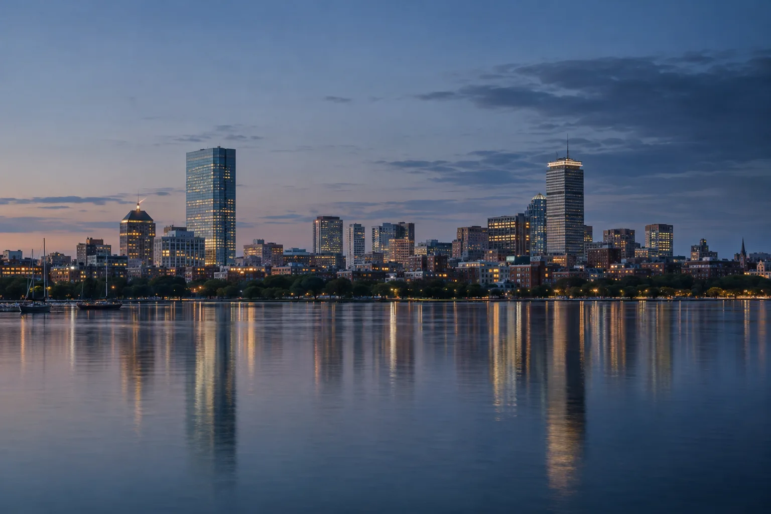 Boston Back Bay skyline across the Charles River at dusk
