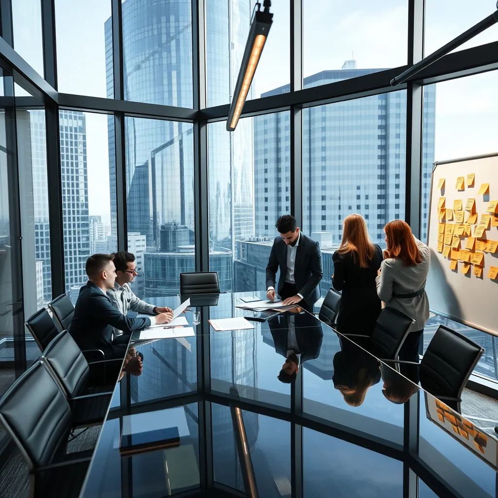 Leadership team working in a glass conference room
