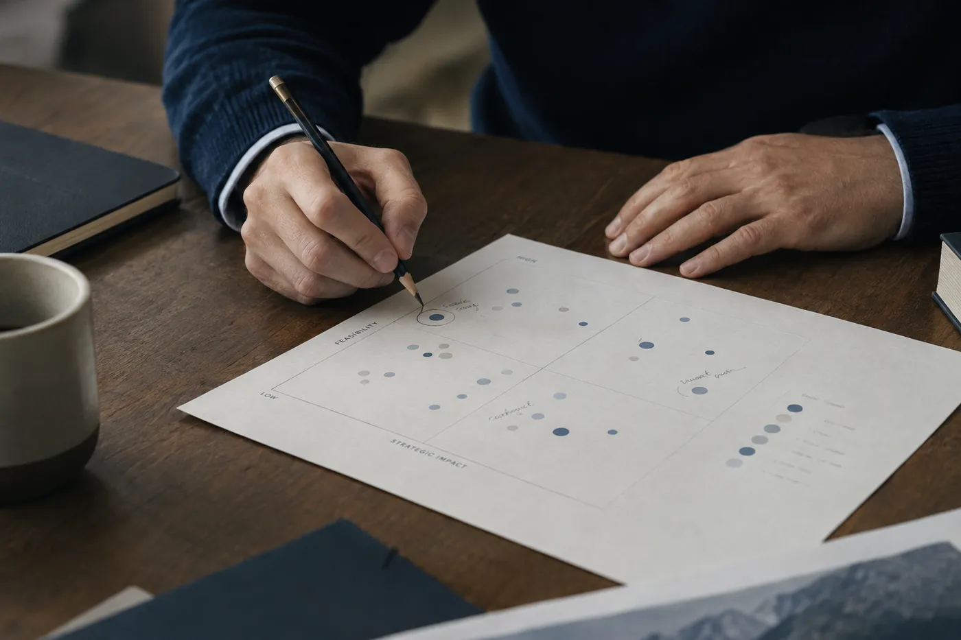 Hands annotating a printed portfolio prioritization chart