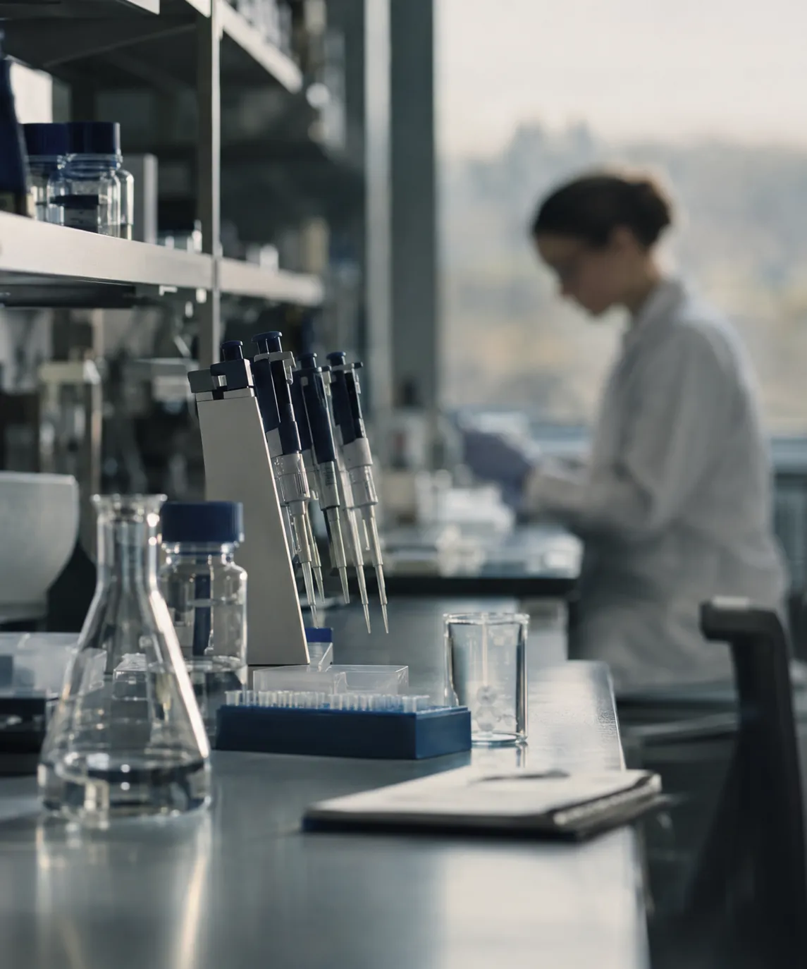 Laboratory bench with glassware and a scientist in the background