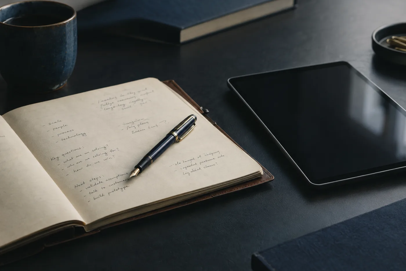 Leather notebook with handwritten notes and a fountain pen on a dark desk