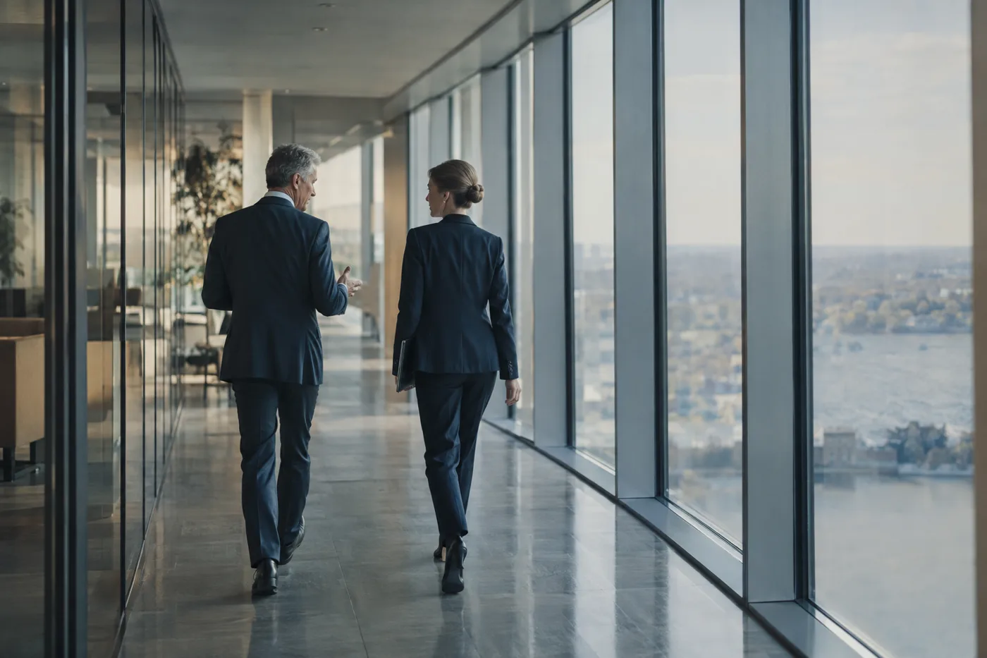 Two executives in conversation walking along a glass corridor