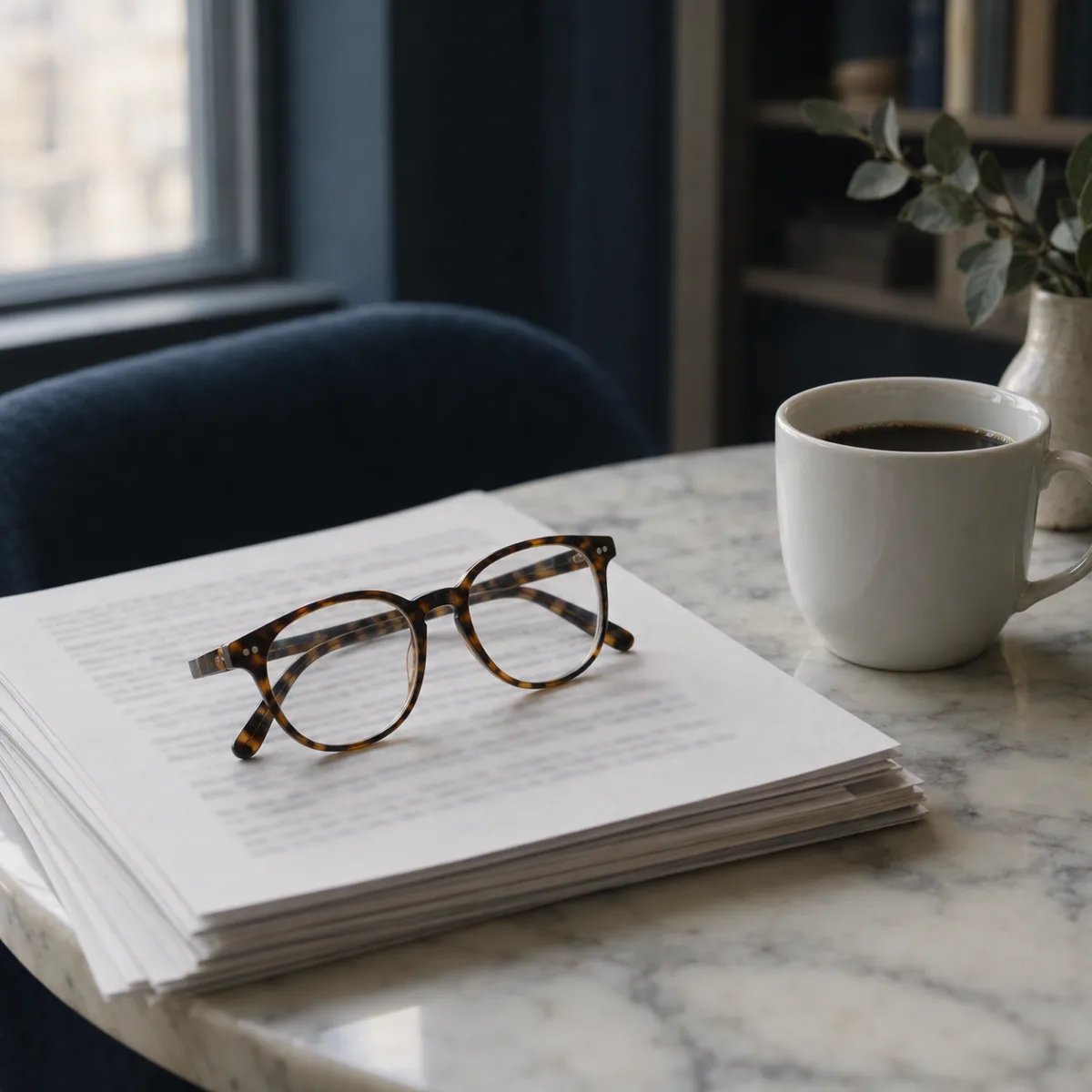 Reading glasses on a stack of printed pages beside a cup of coffee