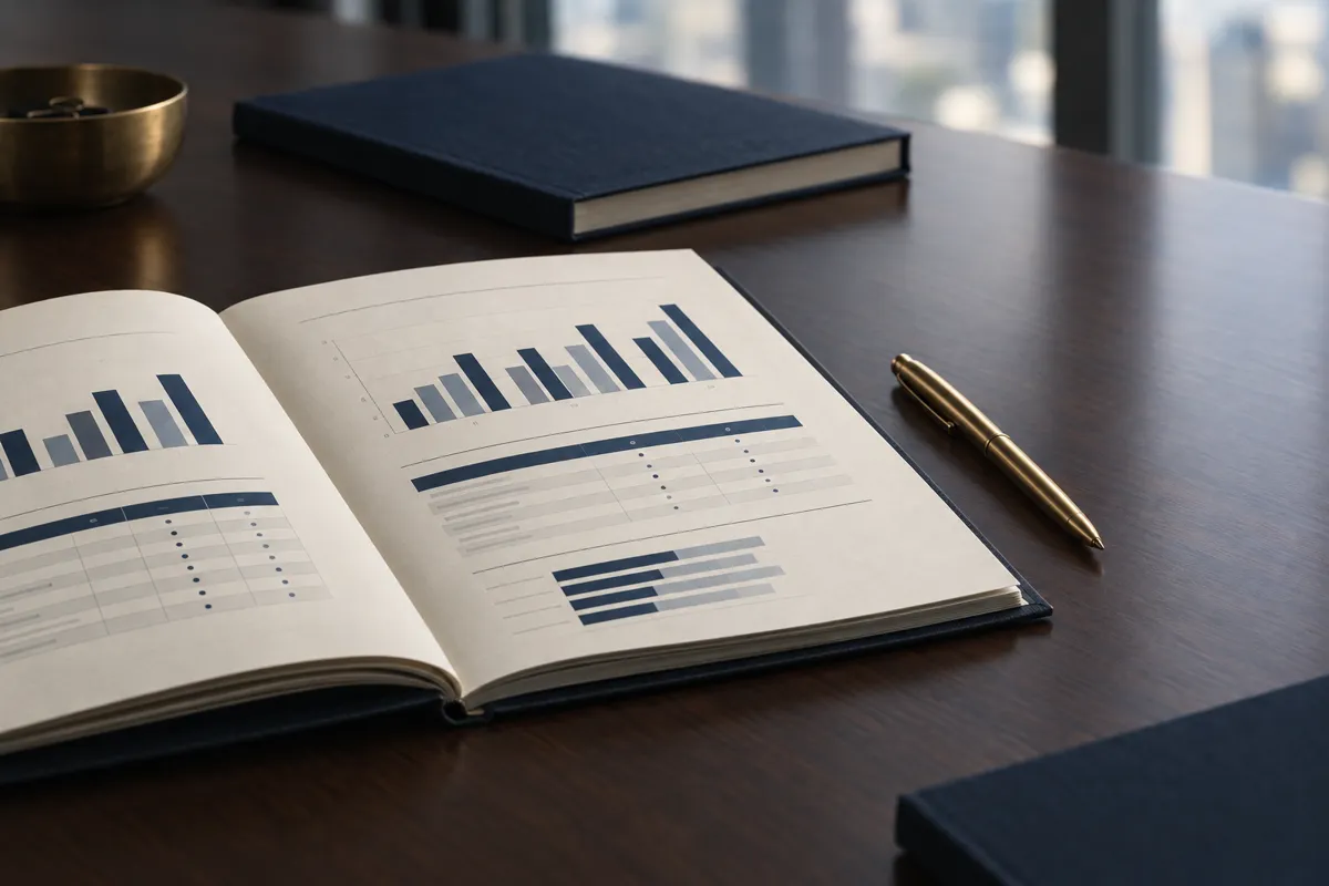 Open research report with charts on a boardroom table beside a brass pen