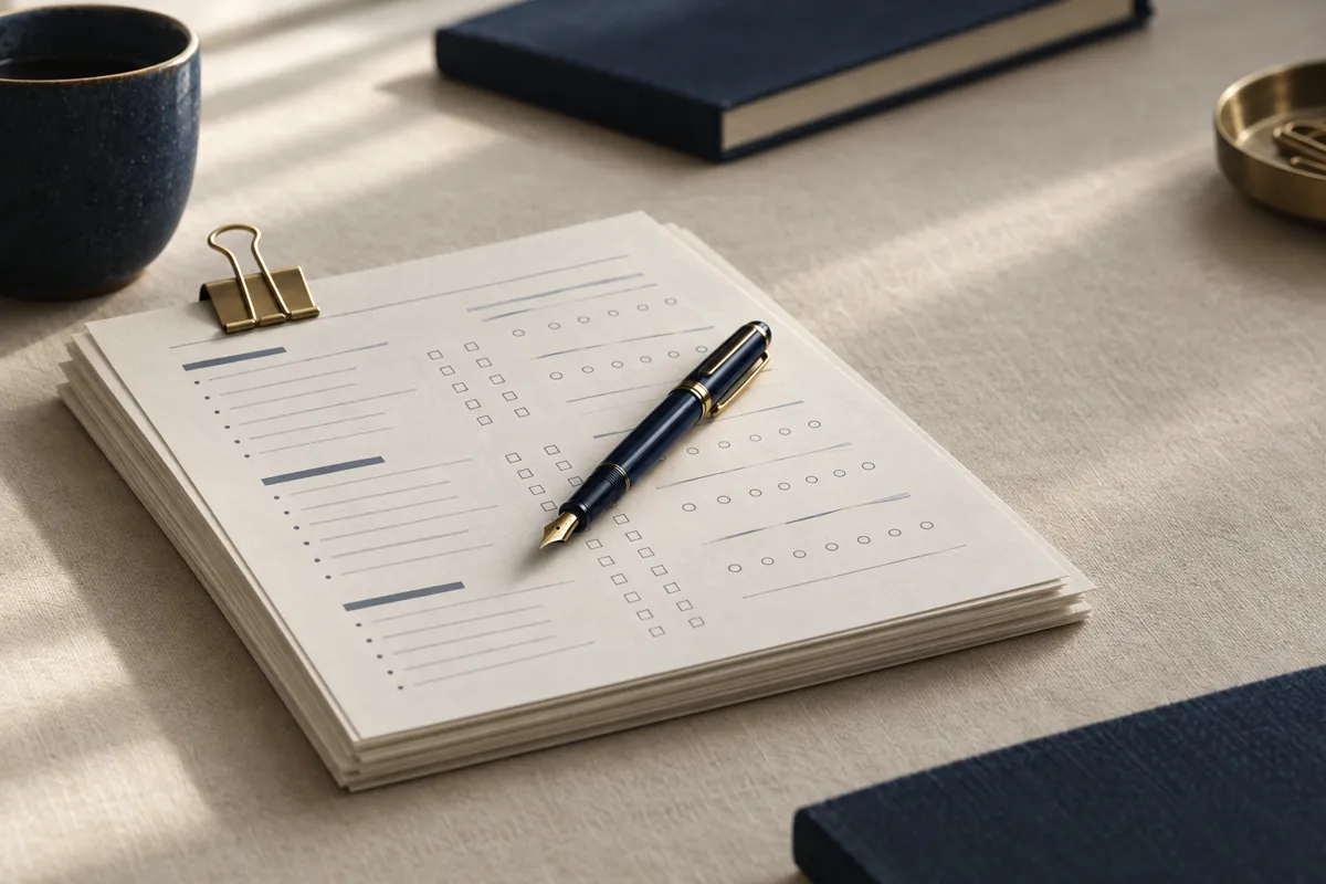 Stack of printed questionnaire sheets with a navy fountain pen and brass clip