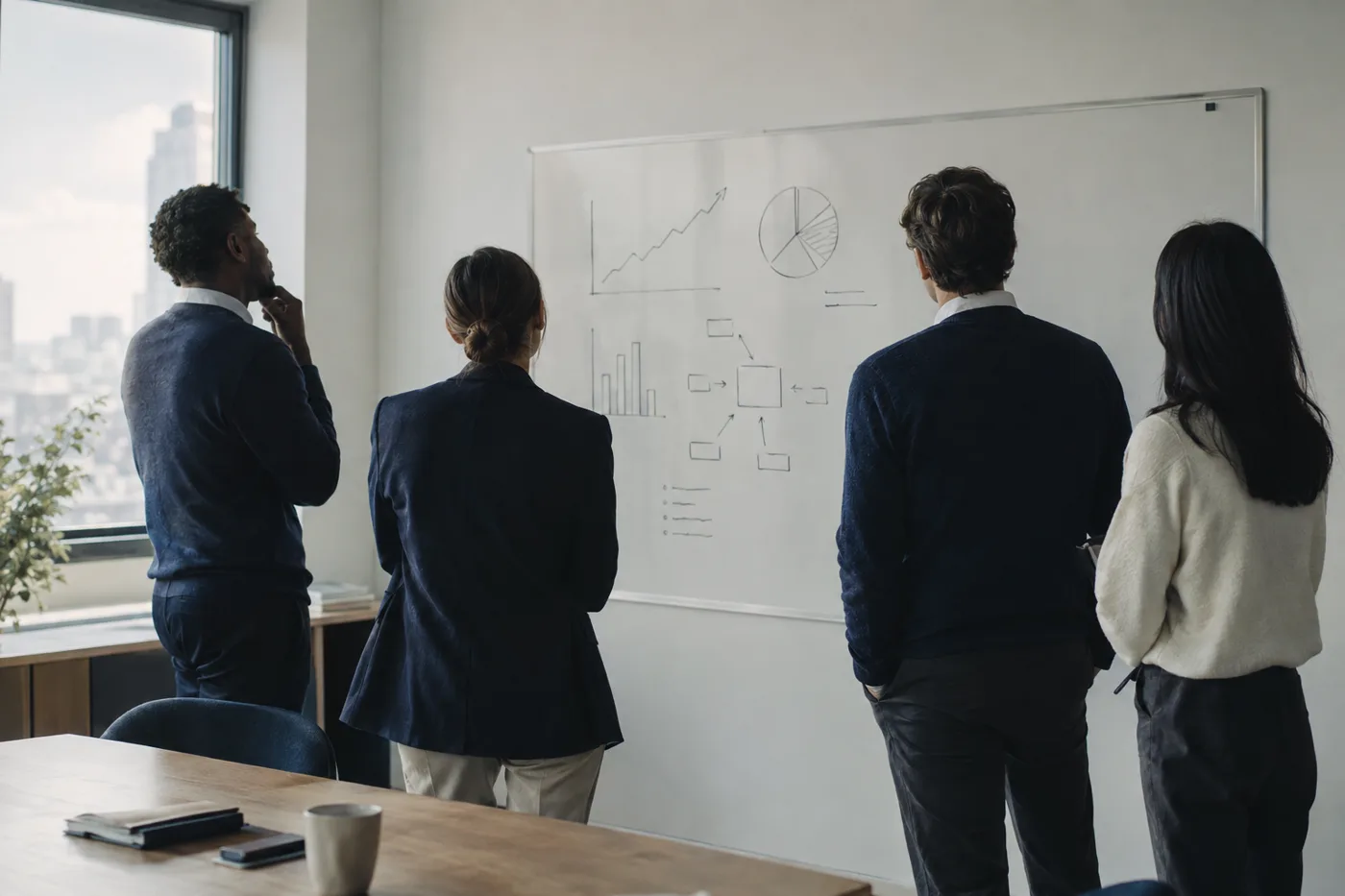 Leadership team reviewing charts on a whiteboard