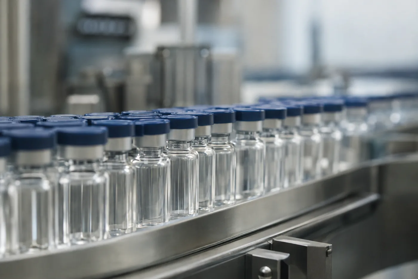 Rows of glass pharmaceutical vials on a production line